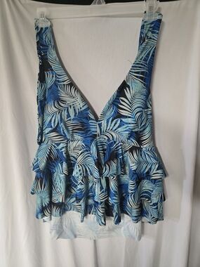 Time And Tru Blue Palm-Print Ruffle Swimming Top 1X 16-18w